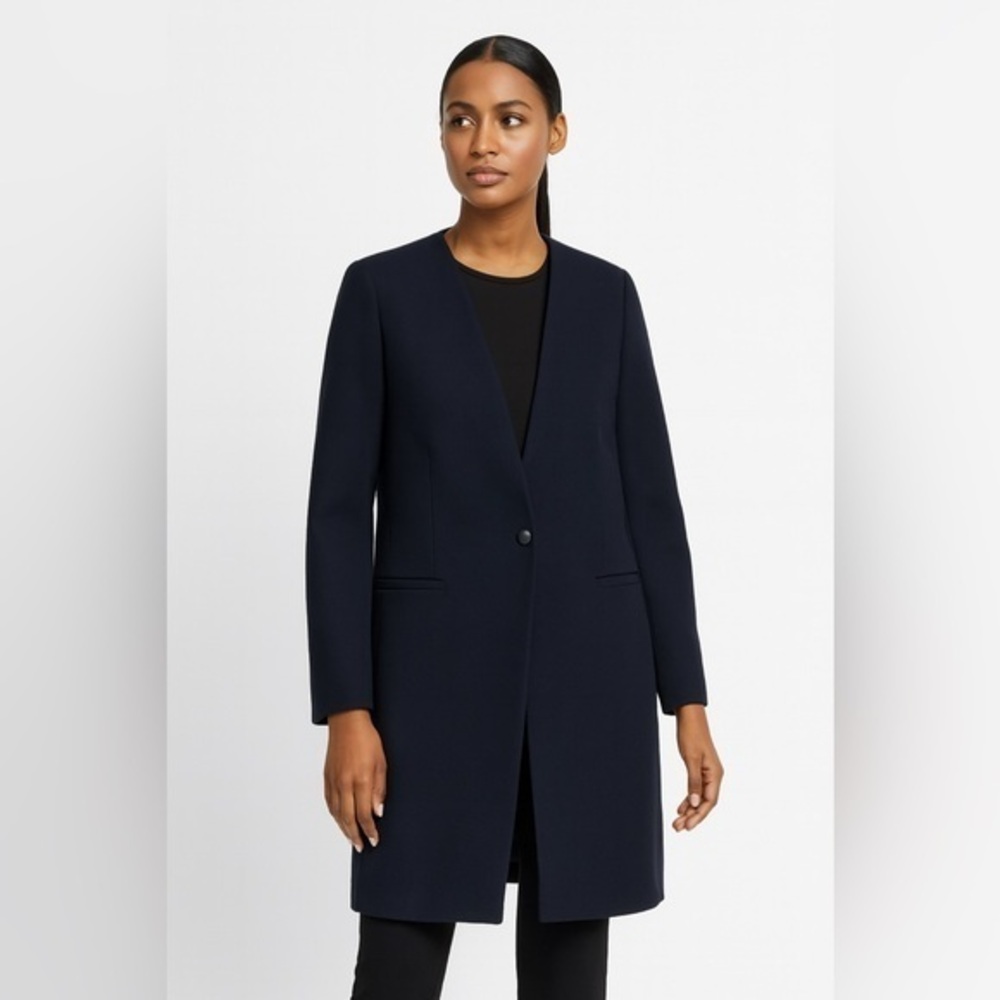 Lafayette 148 New York 100% Wool Navy Blue Single Breast Long Coat (10)